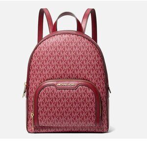 New Michael Kors Jaycee Medium Signature Logo Backpack Cherry